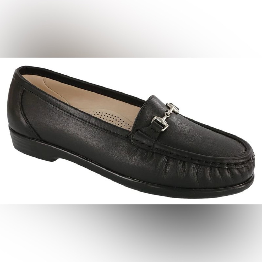 SAS Metro Slip On Loafer Black Leather Loafers with Silver Buckle Women SZ 9.5WW
